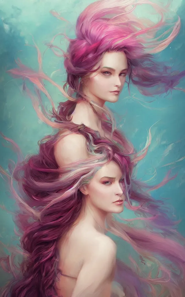 Prompt: a colorful and provenance illustrations painting of the fantasy female who with floral wing, highly detailed, her hair made of hair made of air wind and curling smoke, mist, dust, genie, spirit fantasy concept art, art by charlie bowater and greg rutkowski, trending on artstation.