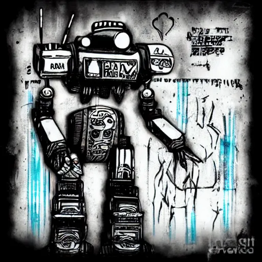 Image similar to chappie robot color graffiti, black and white zef design graffiti covering the wall behind, dark lighting, digital art