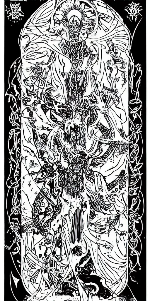 Image similar to a beautiful black and white fractal tarot card featuring bold occult imagery with clean lines. female demon.