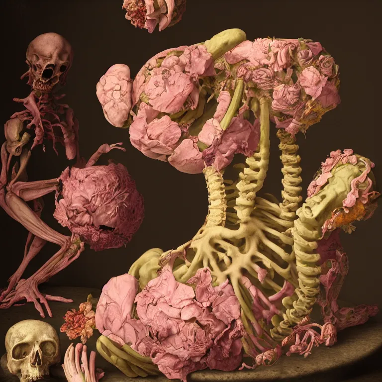 Image similar to still life of rotten flesh, beautiful pastel flowers, human spine, colorful mold, baroque painting, beautiful detailed intricate insanely detailed octane render, 8K artistic photography, photorealistic, chiaroscuro, Raphael, Caravaggio