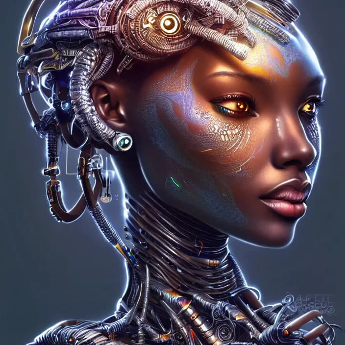 Image similar to beautiful african organic cyborg, diffuse lighting, fantasy, intricate, highly detailed, lifelike, photorealistic, digital painting, artstation, illustration, concept art, smooth, sharp focus