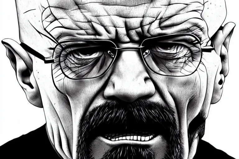Prompt: Walter white angry screaming, artstation, concept art, sharp focus, illustration in pen an ink, black and white, art by Masashi Tanaka