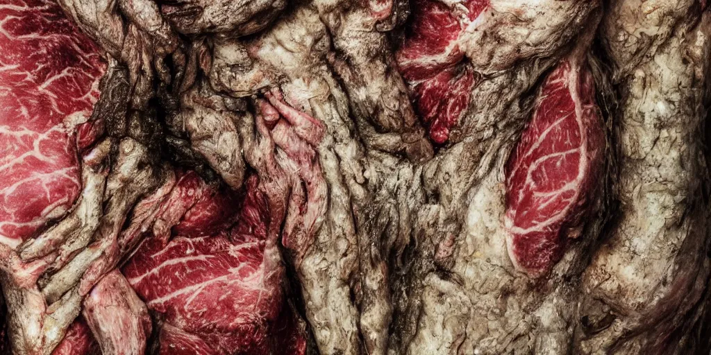 Prompt: details of lichens growing on flesh and skin, meat, bark texture details, painitng, wrinkles and muscle tissues, stab wound, oil on canvas, 4k, 8K, photorealistic, soft light, cinematic lighting, sharp, contrasting, dramatic light