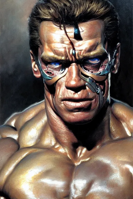 Image similar to muscular arnold schwarzenegger as terminator, exhausted face close up, highly detailed painting by gaston bussiere, craig mullins, j. c. leyendecker 8 k