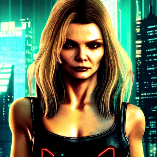 Image similar to michelle pfeiffer portrait, cyberpunk 2 0 7 7, cyberpunk judy alvarez, photorealistic, ultra detailed, neon, octane, bokeh, cinematic lighting, cyber, cyberpunk city, studio quality, feature, scars, cyberface, 8 k