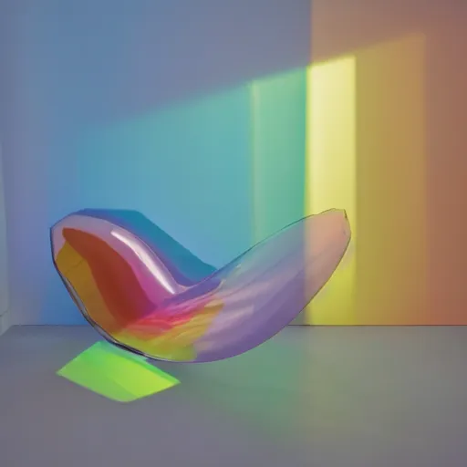 Image similar to an ultra high definition professional studio quality photograph of a transparent iridescent perspex pastel coloured inflatable abstract parachute furniture in an empty white room. dramatic lighting, ray tracing, refraction, shallow d. o. f, colour corrected, golden ratio, three point light. volumetric shadows. god rays.