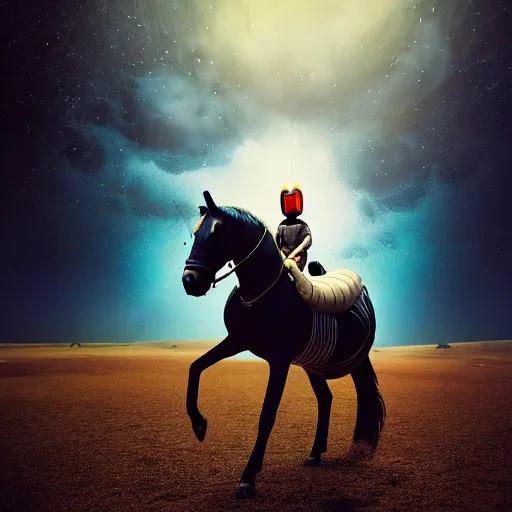 Prompt: photography of animal horse riding on top of an human man in astronaut costume. from western by hiroyuki okiura and katsuhiro otomo and alejandro hodorovski style with many details by mike winkelmann and vincent di fate in sci - fi style. volumetric natural light photo on dsmc 3 system,