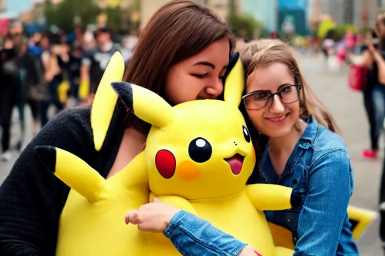 Image similar to a young woman is hugging a life size pikachu