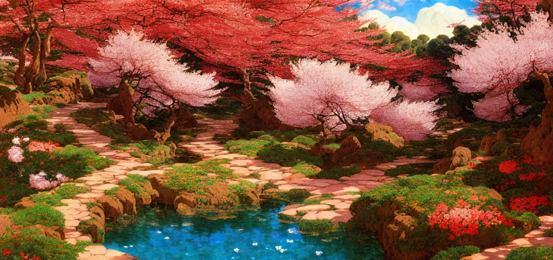 Image similar to ghibli illustrated background of a trail leading through a strikingly beautiful landform with strange rock formations and pools of red water, and cherry blossoms by vasily polenov, eugene von guerard, ivan shishkin, albert edelfelt, john singer sargent, albert bierstadt 4 k