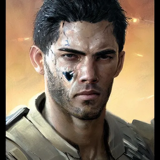 Image similar to portrait of a man by Greg Rutkowski, he is about 30 years old, he has short black military-style hair, a straight jaw, he has a scar above one eyebrow, he wears Galactic Alliance military fatigues, Star Wars Expanded Universe, highly detailed portrait, digital painting, artstation, concept art, smooth, sharp foccus ilustration, Artstation HQ