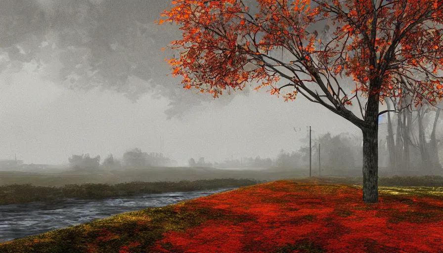 Prompt: autumn, midwest town, grey sky, leafs, trees, river, hyperdetailed, artstation, cgsociety, 8 k
