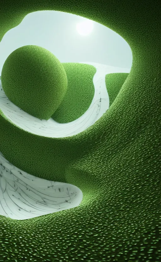 Image similar to highly detailed ultra sharp 3 d render cinematic composition of a smooth ceramic sand porcelain magnolia stone leaves fluid fractal sci - fi surreal architecture landscape, white marble, magnesium, foliage greenery, vincent callebaut composition, mamou - mani, archviz, beautiful lighting, 8 k, unreal engine, hdr, dof