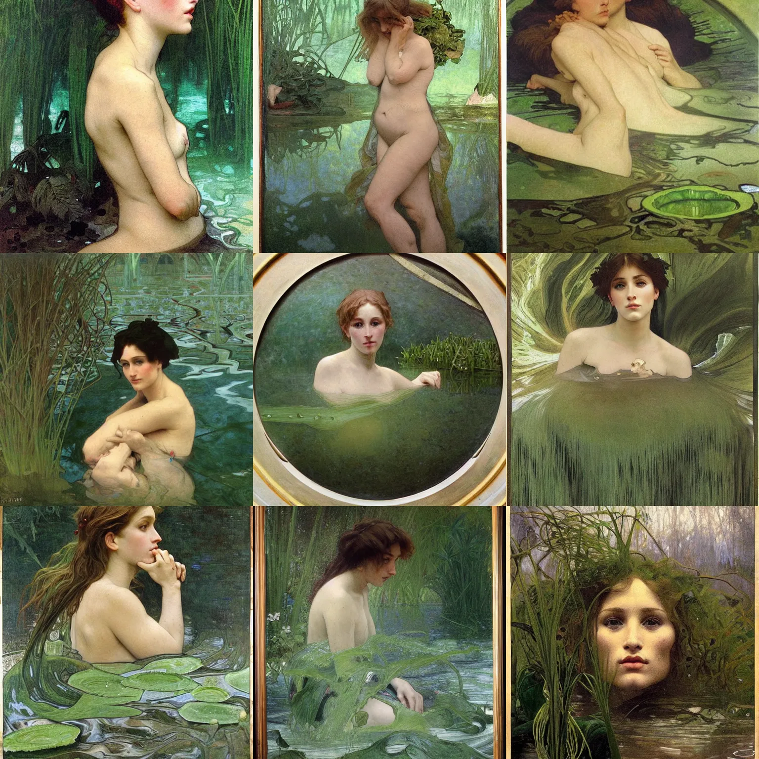 Prompt: hyperrealist portrait in a river, submerge, very dark green water algae, stars by alphonse mucha and lucian freud and bouguereau, fog, very detailed faces