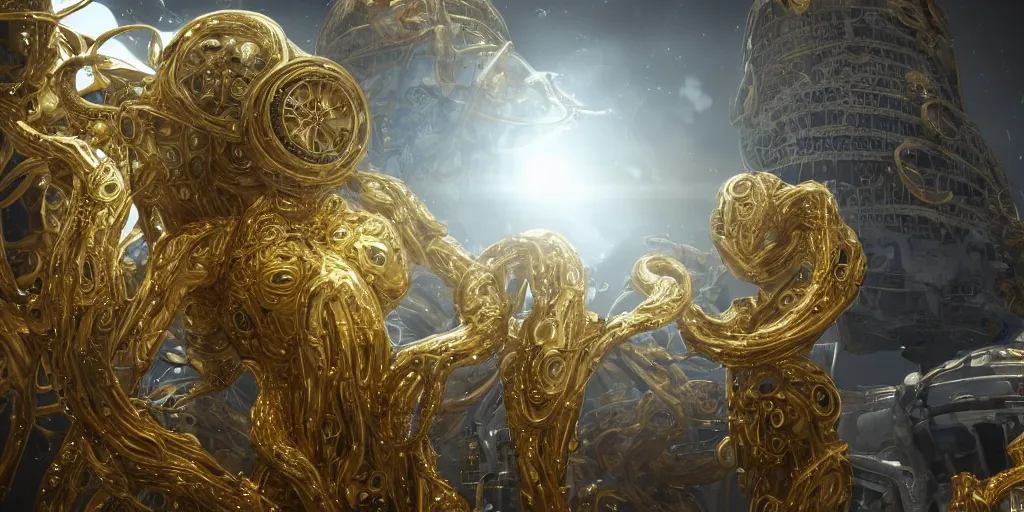 Prompt: a photo of 8k ultra realistic biotech lovecraftian golden humanoid queen standing next to a spaceship window overlooking earth, 8 intricate white and gold tentacles, ornate white and gold armour, cinematic lighting, trending on artstation, 4k, hyperrealistic, focused, extreme details, unreal engine 5, cinematic, masterpiece