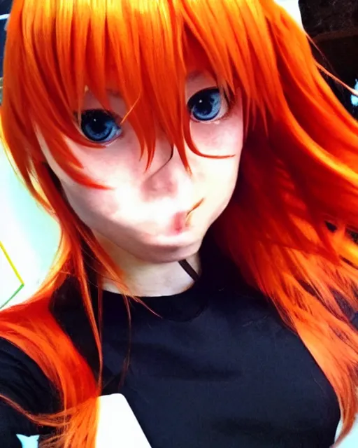 Image similar to asuka langley soryu takes a selfie in real life, asuka langley soryu cosplay, real life photo picture, award winning photograph