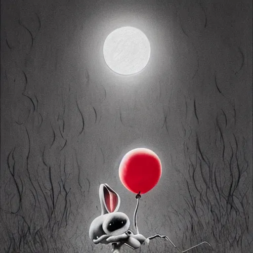 Image similar to scribble of bugs bunny with a wide smile and a red balloon by Zdzisław Beksiński, loony toons style, pennywise style, corpse bride style, creepy lighting, horror theme, detailed, elegant, intricate, conceptual,