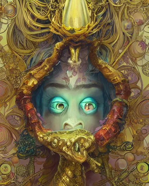 Prompt: spongebob insane eyes, extreme close up, madness, insanity, highly detailed, gold filigree, romantic storybook fantasy, soft cinematic lighting, award, disney concept art watercolor illustration by mandy jurgens and alphonse mucha and alena aenami, pastel color palette, featured on artstation