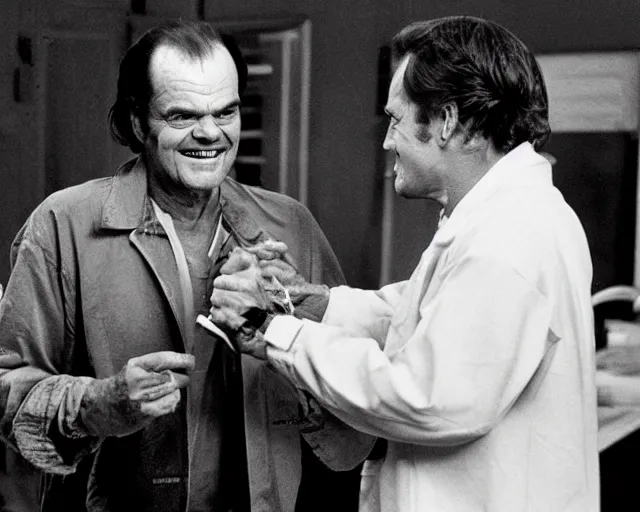 Prompt: jack nicholson plays termiantor, scene where his endoskelet gets exposet