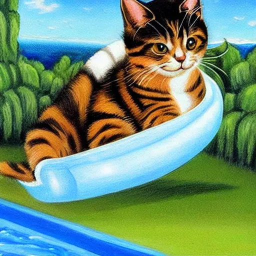 Image similar to art by kawaci, cute cat sliding down a water slide