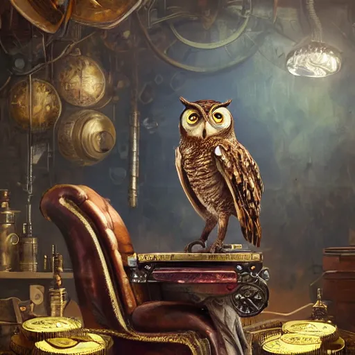 Prompt: oil painting of grumpy rich steampunk owl, sitting in fancy chair, wearing top hat, holding gold coin, steampunk factory background, machines in background, sharp focus, fantasy style, octane render, volumetric lighting, 8k high definition, by greg rutkowski, highly detailed, trending on art Station, magic the gathering artwork, centered,