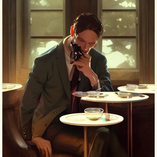 Prompt: Frog wearing business casual attire sitting in a bar and eating a bowl full of flies, digital painting, detailed, artstation, Krenz Cushart, Greg Rutkowski, Alphonse Mucha, Artgerm