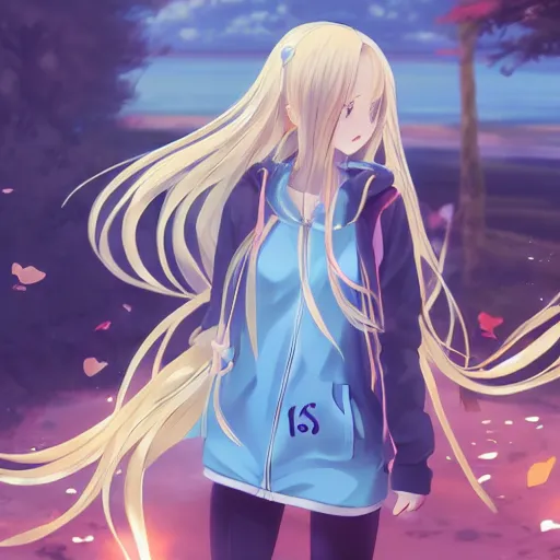 Image similar to a very beautiful anime girl, full body, long wavy blond hair, sky blue eyes, full round face, short smile, oversized hoodie, miniskirt, flower in hair, summer lake setting, cinematic lightning, medium shot, mid-shot, highly detailed, trending on Artstation, Unreal Engine 4k, cinematic wallpaper by Stanley Artgerm Lau, WLOP, Rossdraws, James Jean, Andrei Riabovitchev, Marc Simonetti, and Sakimichan