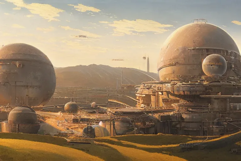 Prompt: a beautiful science fiction factory with a spherical design by starwars and army on a hill in the french countryside during spring season, highly detailed painting by studio ghibli hd and louis remy mignot, leyendecker, craig mullins, nice afternoon lighting, smooth tiny details, soft and clear shadows, low contrast, perfect