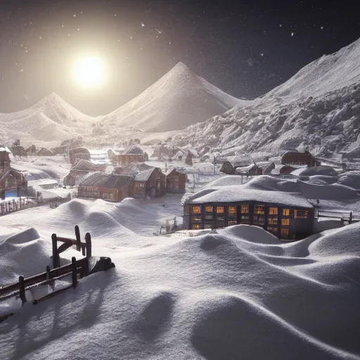 Image similar to a snowy village on the moon, 8 k, highly detailed, unreal engine render