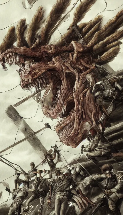 Prompt: stunning detailed attack on titan artwork by eugene von guerard