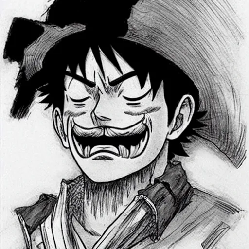 Image similar to [ luffy mustache ] ( by kim jung gi ) ( by kentaro miura ) ( by takao saito ) ( manga concept art )