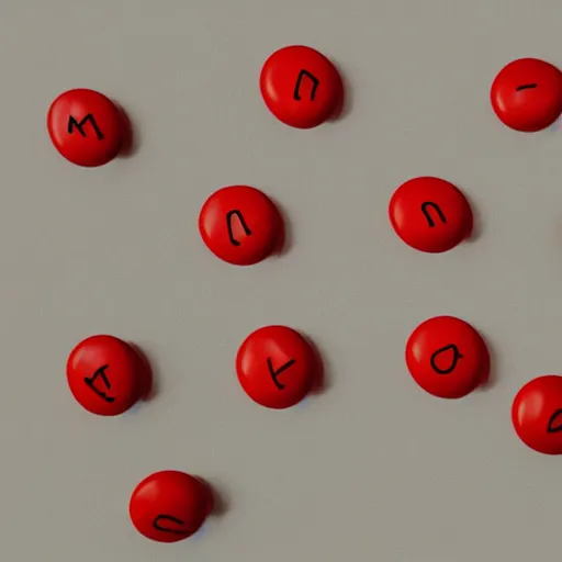 Image similar to a single red m & m candy with white arms and legs, a red sphere