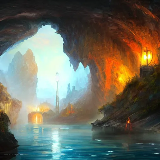 Image similar to a highly detailed 4 k fantasy matte oil painting by afremov of city inside cave built around a long river. artstation, cgsociety, unreal engine, concept art, red and blue color scheme.