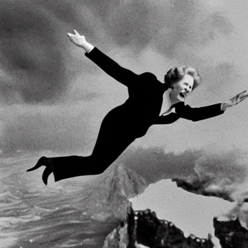 Image similar to margaret thatcher falling from a cliff