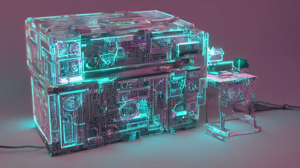 Prompt: a cyberpunk music box, white balance, hyperdimensional, 8 k, rim lighting, led, lumen global illumination, opaque, glowing, rubber, ray tracing reflections