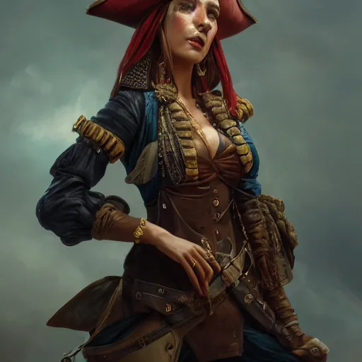 Prompt: detailed full body concept oil painting of a female pirate in beautifully designed clothing, cinematic lighting, hyperdetailed, cgsociety, 8k, high resolution, insanely detailed and intricate, octane render, golden ratio, vfx, postprocessing, freckles, alluring