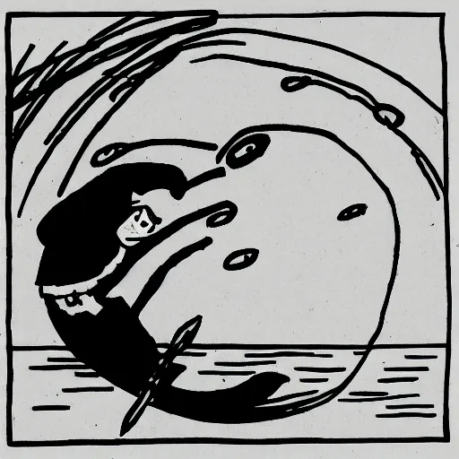 Prompt: minimalistic neat ink drawing of cartoon wizard falling above the sea, by Bill Waterson, by Rutkowsky,