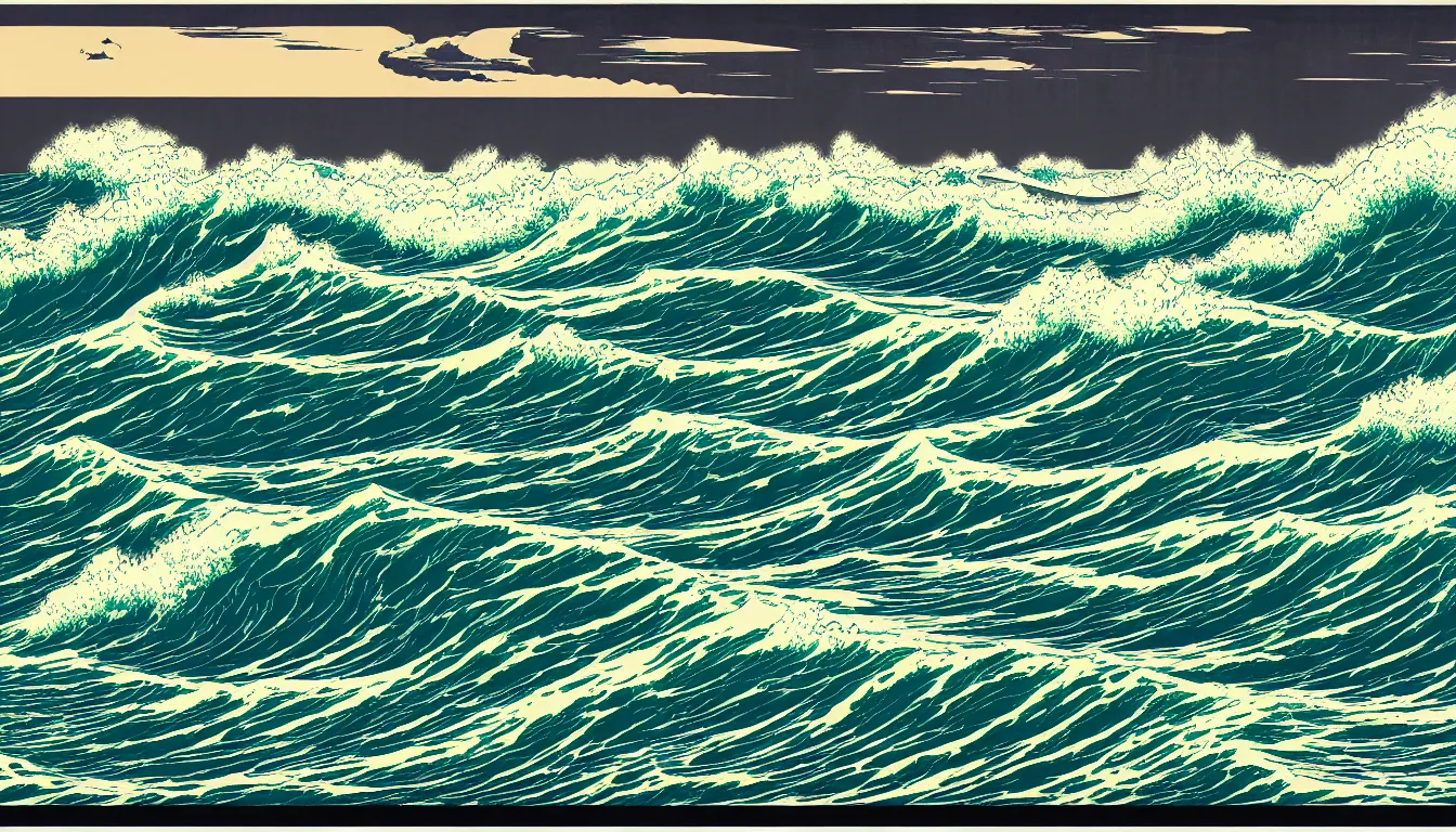 Prompt: ocean storm by dan mumford and peter doig and edward hopper, symmetrical, minimal, black ink, thick lines highly detailed, muted colours, overlaid with chinese adverts, 8 k