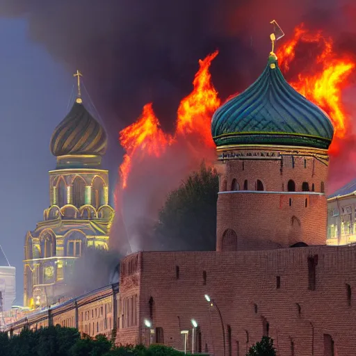 Image similar to high quality photo of fire on Kremlin, highly detailed, 8k, professional