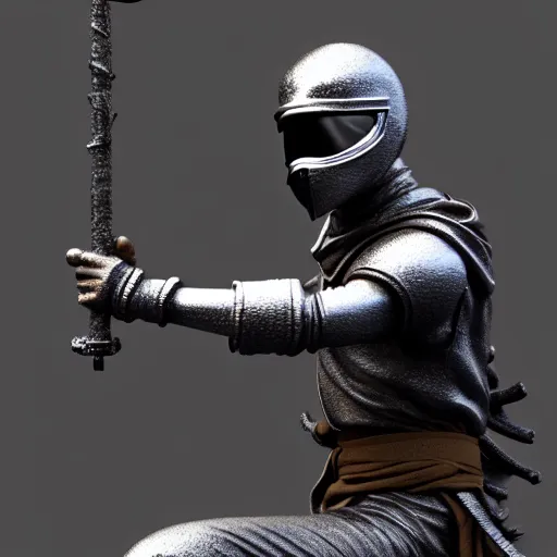 Image similar to 3 d octane rendering, chrome statue of ninja wearing full face mask and hunter hat, vfx art, detailed, smooth, pinterest, unreal engine, behance, technological, octane render, all chrome