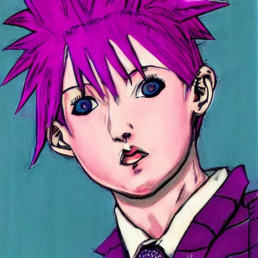 Prompt: boy with eccentric pink hair wearing a purple suit, artwork made by hirohiko araki