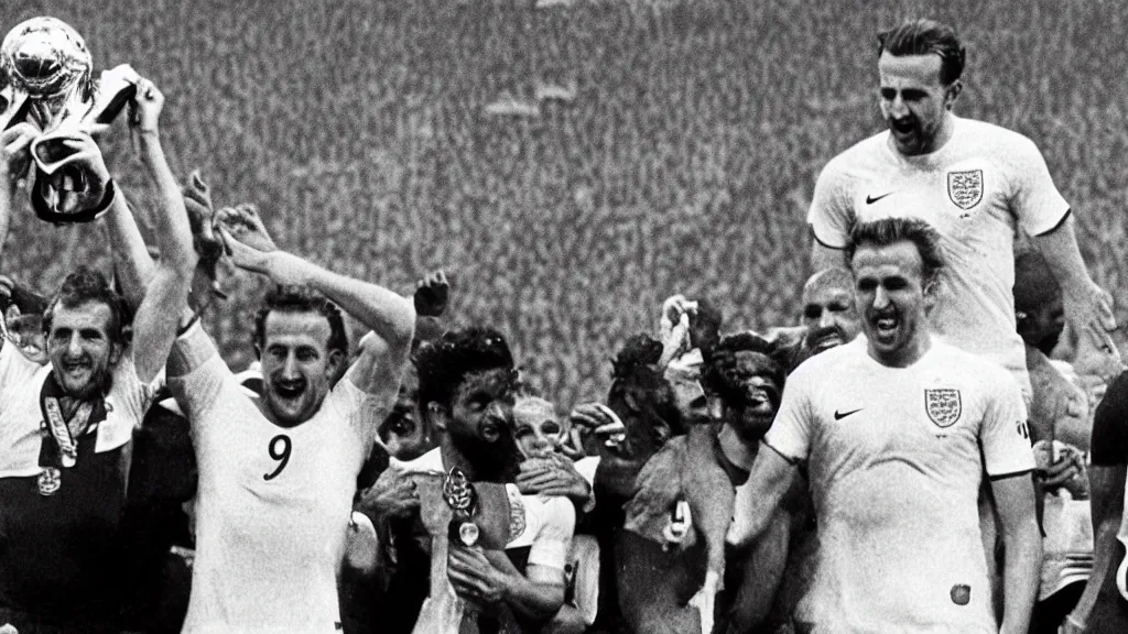 Prompt: Harry Kane wins the World Cup for England in a white shirt with three lions on the badge and lifts the Jules Rimet trophy.