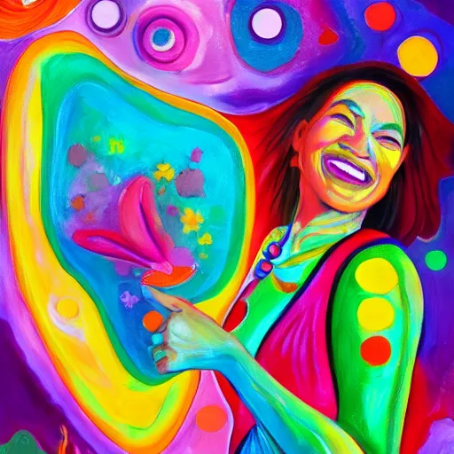 Image similar to A colorful painting of a joyful artist playing with her creativity in the infinite loving universe by Brenda Zlamany and Craig Wylie, Trending on artstation.