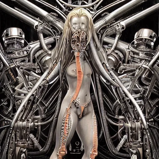 Prompt: britney spears encased in biomechanical machine, heavy conduits, complex scene, rich composition, heavy in detail, corruption, smooth, sharp focus, airbrush, illustration, symmetrical, art by h. r. giger