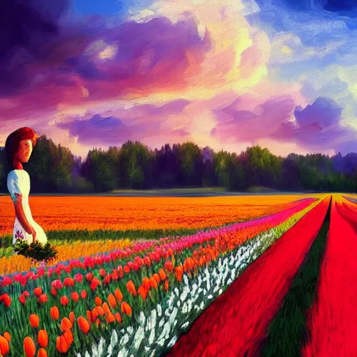 Image similar to dutch girl with singular giant tulip as a head, surreal photography, flower field, sunset dramatic light, impressionist painting, colorful clouds, blue sky, digital painting, artstation, simon stalenhag