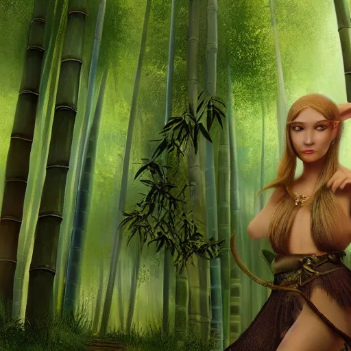 Image similar to A beautiful elvish giantess staring at a dwarf ,detailed body and eyes,proper anatomy, bamboo forest in the background, beautiful lighting,,digital art , highly detailed , high contrast, beautiful lighting, award winning , trending on art station, 8k, photo realistic,unreal engine 5