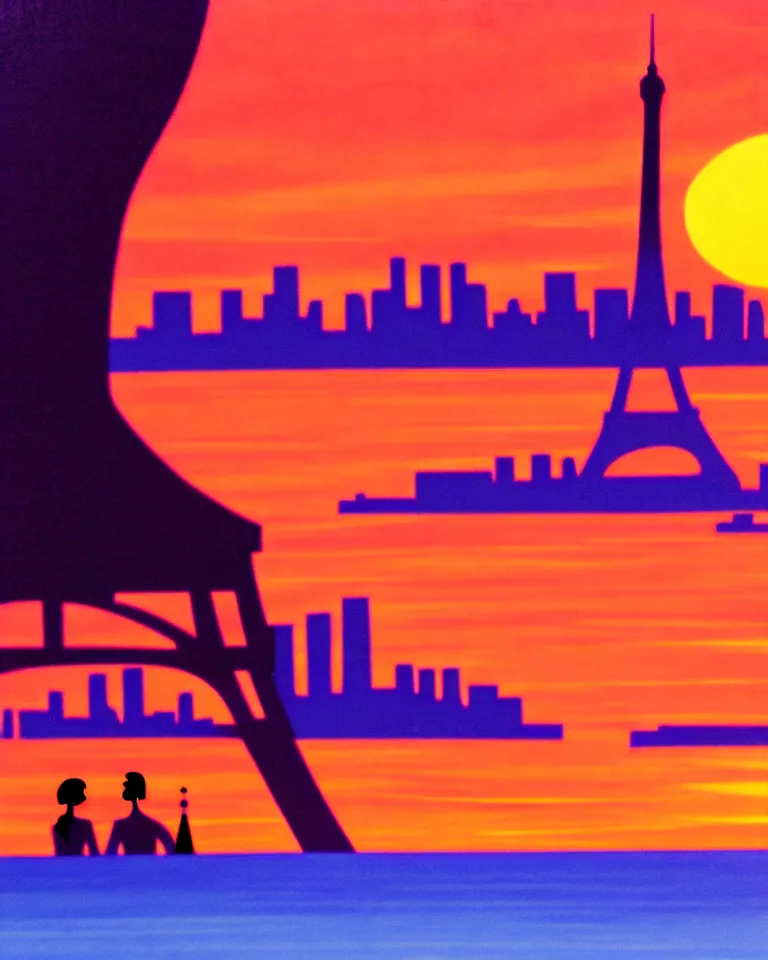 Image similar to gorgeous romantic sunset, cliffside onlooking the beautiful city of paris, warm colors, in the style of hiroshi nagai, very detailed, 8 0 s