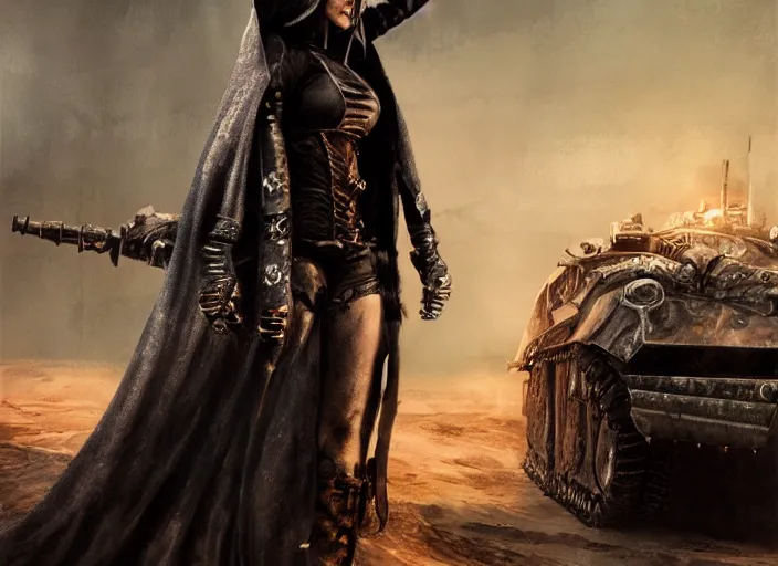 Image similar to beautiful apocalyptic woman in hooded cloak, standing on mad max panzer tank, hyper-detailed, smooth, sharp focus, 4k ultra hd, fantasy dark art, tank girl, artgerm, artstation, octane render, elegant, detailed digital painting, apocalyptic art, Francis bacon, unreal engine