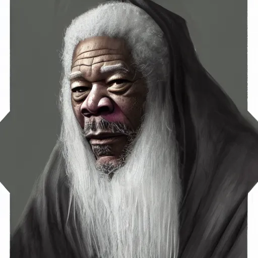 Image similar to evil morgan freeman as evil wizard saurman the white, long white hair and white beard, beautiful pure white warlock flowing robes, long black wizard staff by alan lee, lord of the rings, smooth, oil painting, matte painting, concept art, trending on artstation, promotional artwork, film still, elegant, photorealistic facial features, intricate, detailed face, cinematic lighting