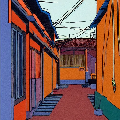 Image similar to an alley in singapore, art by moebius