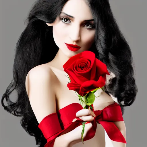 Prompt: long black haired haired woman wearing red and black clothes holding a red rose, highly detailed, 4k